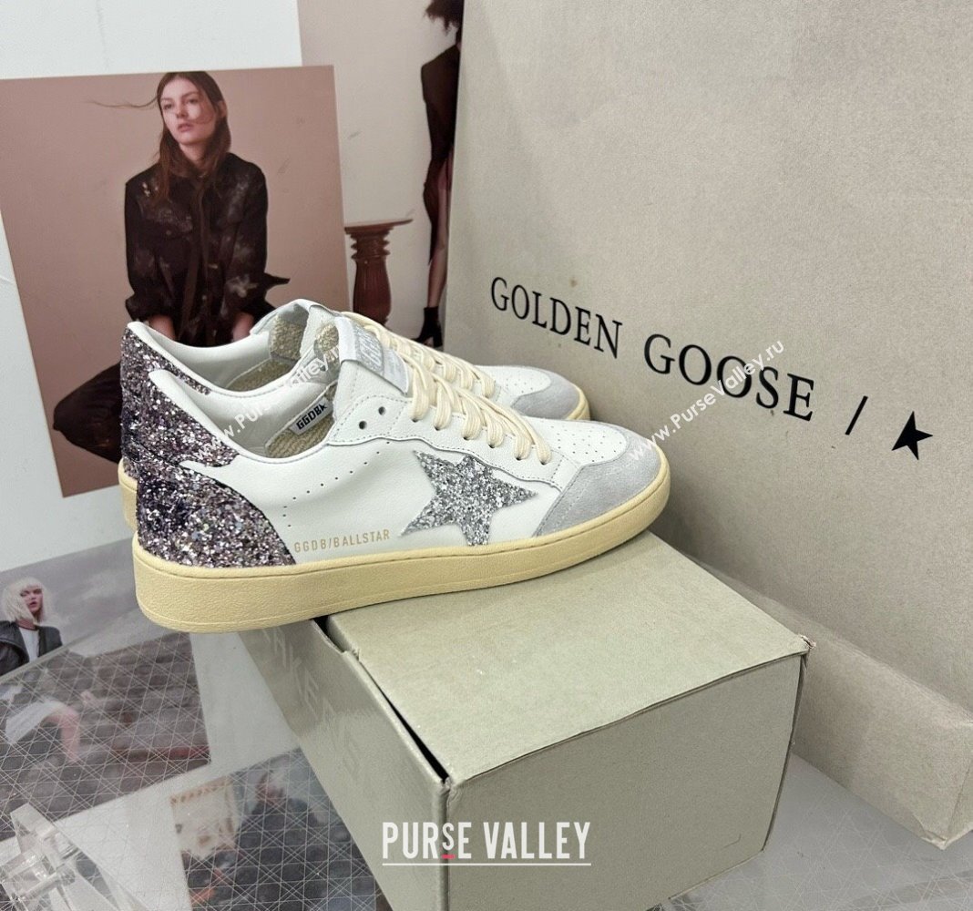 Golden Goose GGDB Ball Star Sneakers in White Calfskin and Glitter Charm 2024 0328 (MD-240328102)