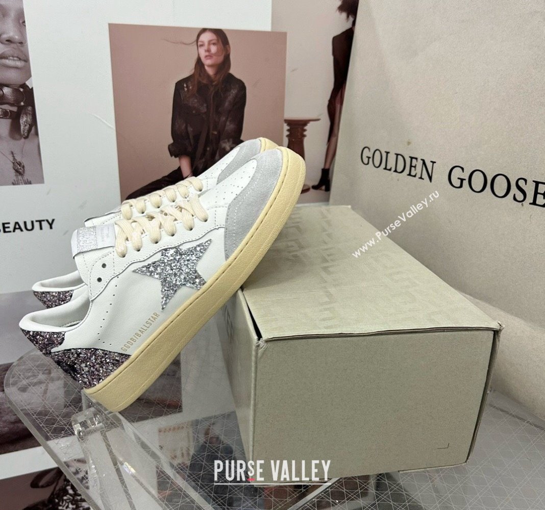 Golden Goose GGDB Ball Star Sneakers in White Calfskin and Glitter Charm 2024 0328 (MD-240328102)