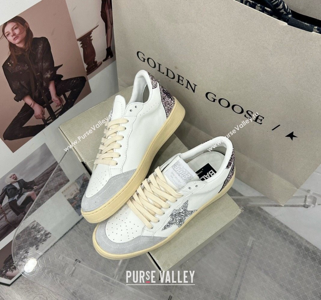 Golden Goose GGDB Ball Star Sneakers in White Calfskin and Glitter Charm 2024 0328 (MD-240328102)