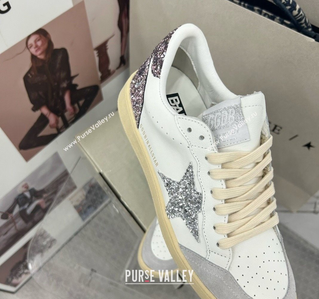 Golden Goose GGDB Ball Star Sneakers in White Calfskin and Glitter Charm 2024 0328 (MD-240328102)