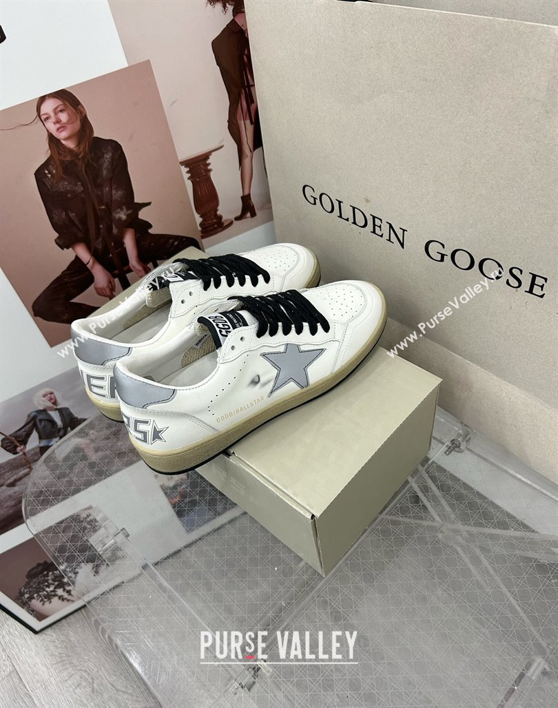 Golden Goose GGDB Ball Star Sneakers in White Calfskin and Grey Reflective Star 2024 (MD-240328103)