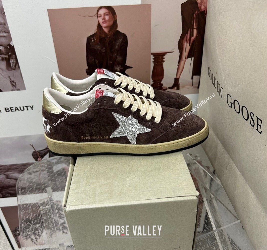 Golden Goose GGDB Ball Star Sneakers in Brown Suede and Silver Glitter Star 2024 0328 (MD-240328104)