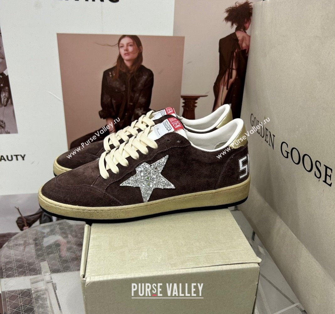 Golden Goose GGDB Ball Star Sneakers in Brown Suede and Silver Glitter Star 2024 0328 (MD-240328104)