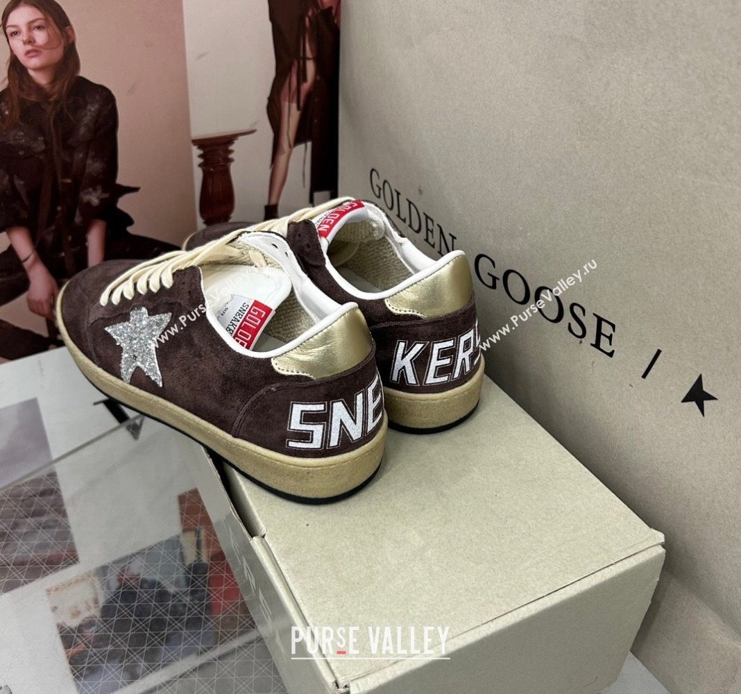 Golden Goose GGDB Ball Star Sneakers in Brown Suede and Silver Glitter Star 2024 0328 (MD-240328104)