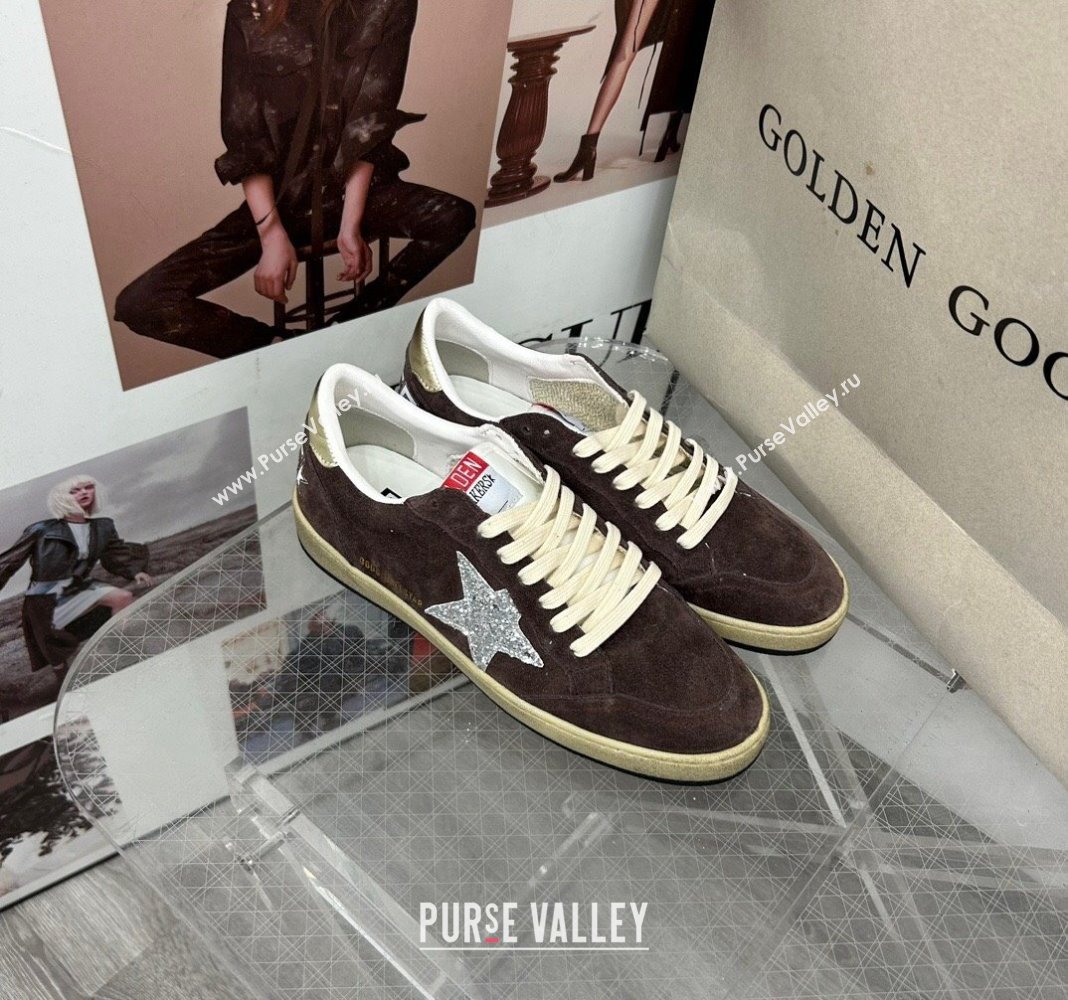 Golden Goose GGDB Ball Star Sneakers in Brown Suede and Silver Glitter Star 2024 0328 (MD-240328104)