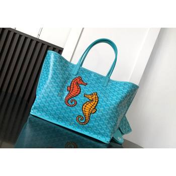 Goyard Anjou PM Tote Bag with Seahorse Embroidered Turquoise Blue 2024 020166M (ZHANG-240621052)