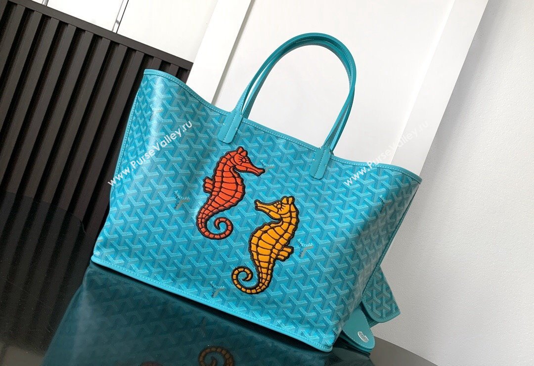 Goyard Anjou PM Tote Bag with Seahorse Embroidered Turquoise Blue 2024 020166M (ZHANG-240621052)