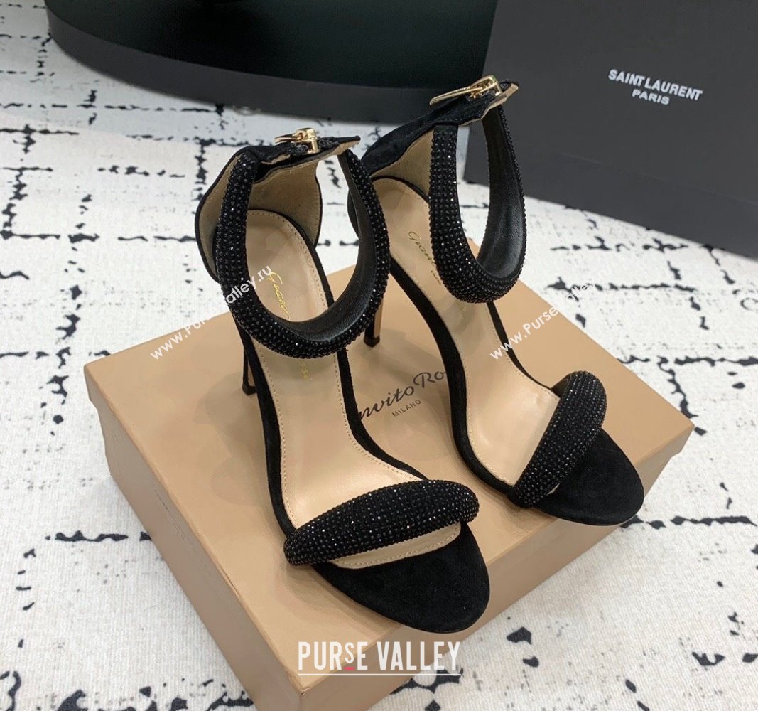 Gianvito Rossi Bijoux High Heel Sandals 10.5cm in Balck Suede and Black Strass 2024 0704 (KER-240704084)