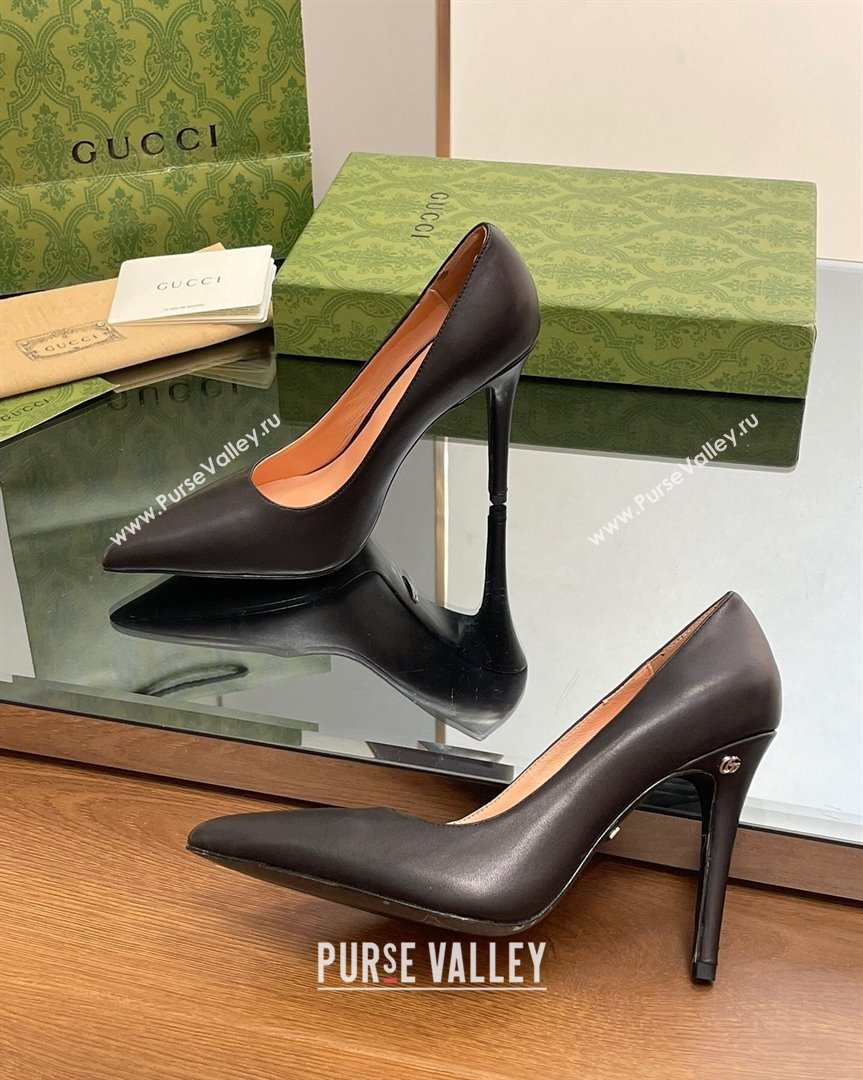 Gucci Leather Pointed High heel Pumps 10.5cm with GG Black 2023 7386822 (SS-231012069)