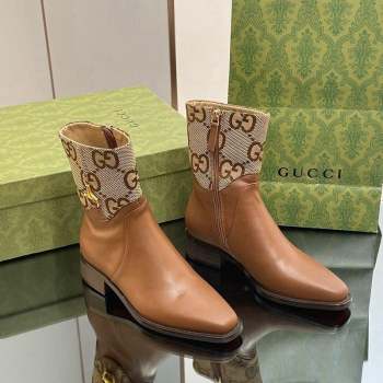 Gucci Leather and GG Canvas Ankle Boots 4.5cm with Horsebit Brown 2023 GG10122 (MD-231012028)