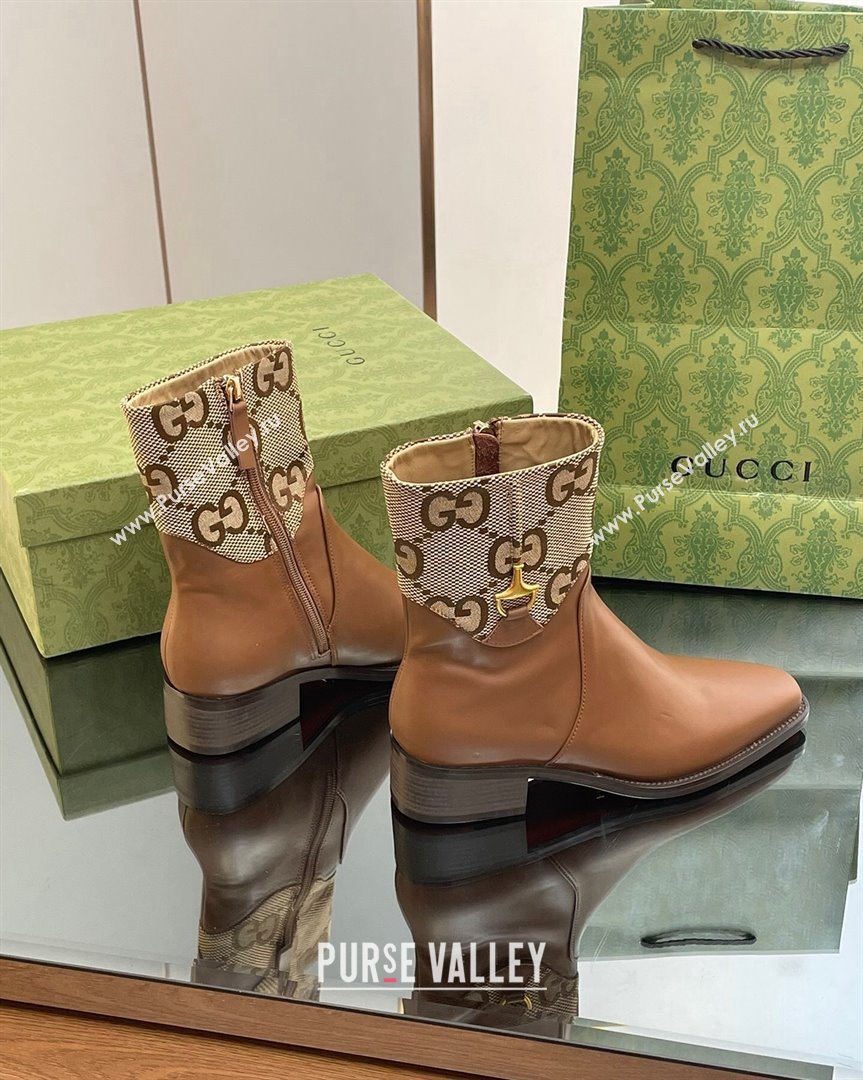 Gucci Leather and GG Canvas Ankle Boots 4.5cm with Horsebit Brown 2023 GG10122 (MD-231012028)