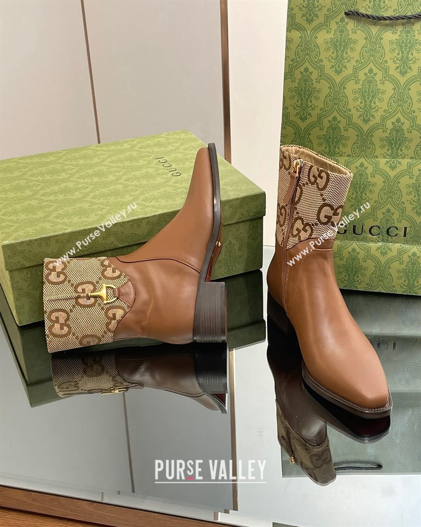 Gucci Leather and GG Canvas Ankle Boots 4.5cm with Horsebit Brown 2023 GG10122 (MD-231012028)