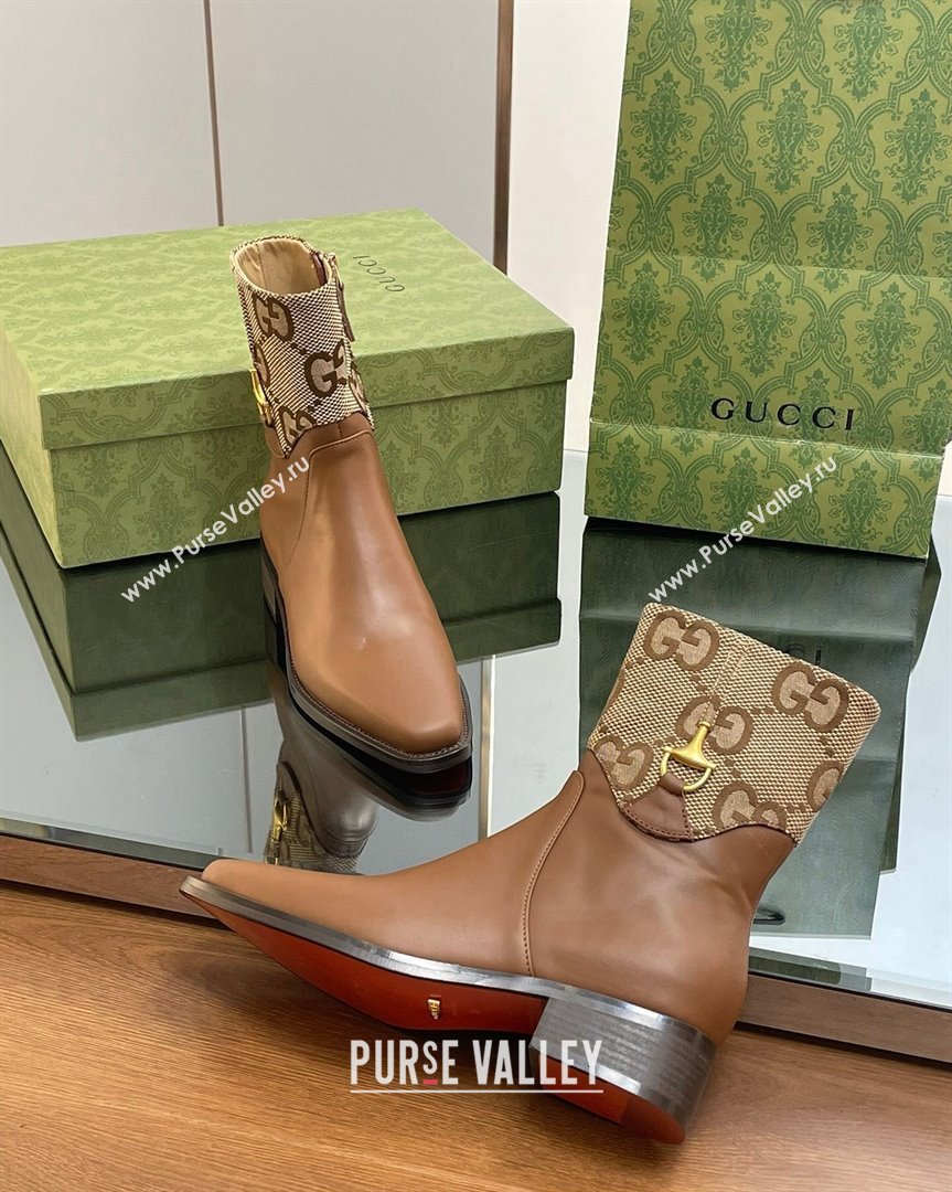 Gucci Leather and GG Canvas Ankle Boots 4.5cm with Horsebit Brown 2023 GG10122 (MD-231012028)