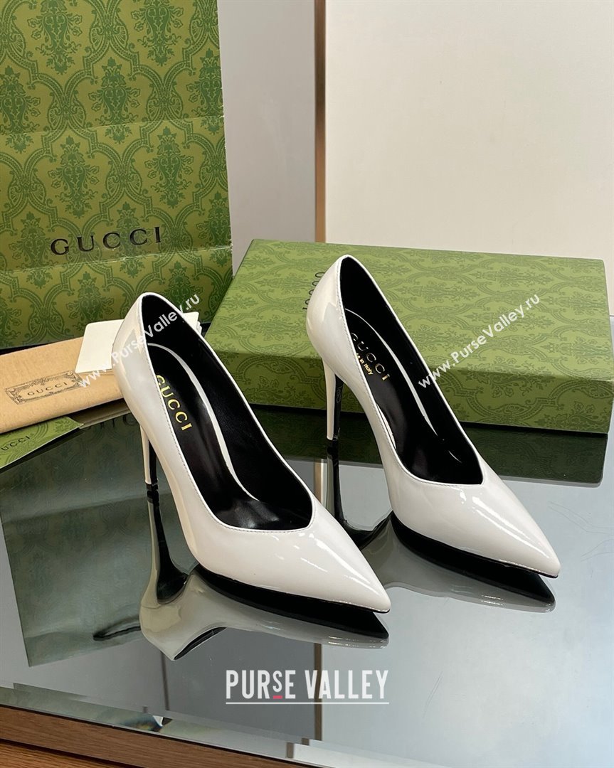 Gucci Patent Leather Pointed High heel Pumps 10.5cm with GG White 2023 738682 (SS-231012006)