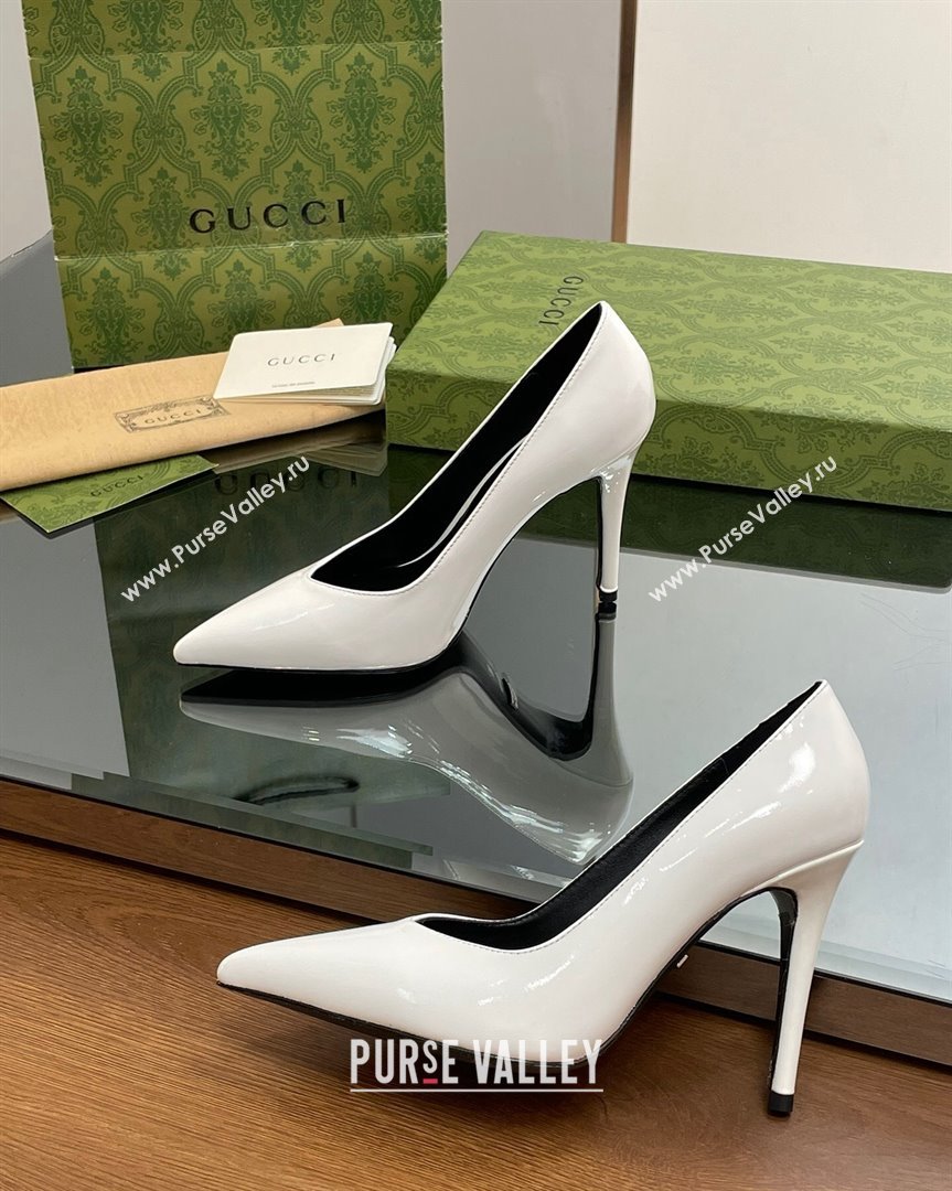 Gucci Patent Leather Pointed High heel Pumps 10.5cm with GG White 2023 738682 (SS-231012006)