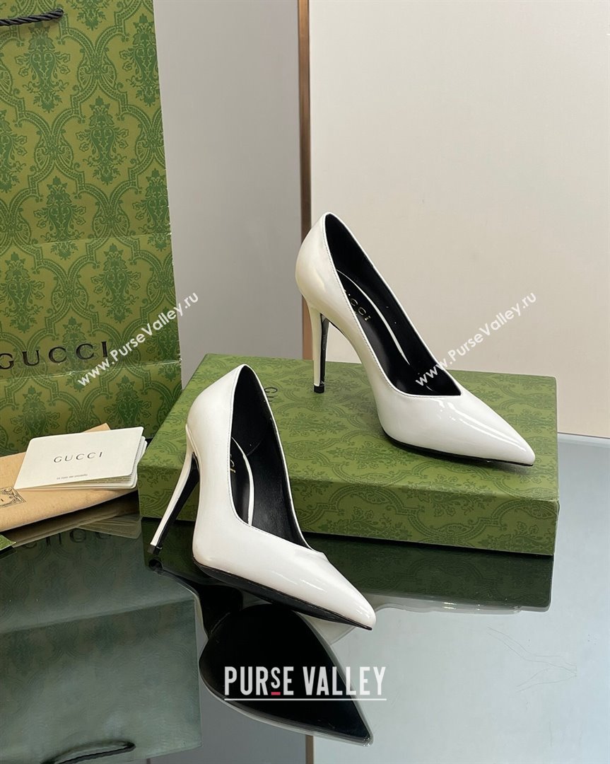 Gucci Patent Leather Pointed High heel Pumps 10.5cm with GG White 2023 738682 (SS-231012006)