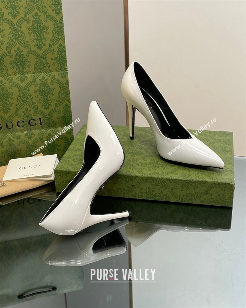 Gucci Patent Leather Pointed High heel Pumps 10.5cm with GG White 2023 738682 (SS-231012006)