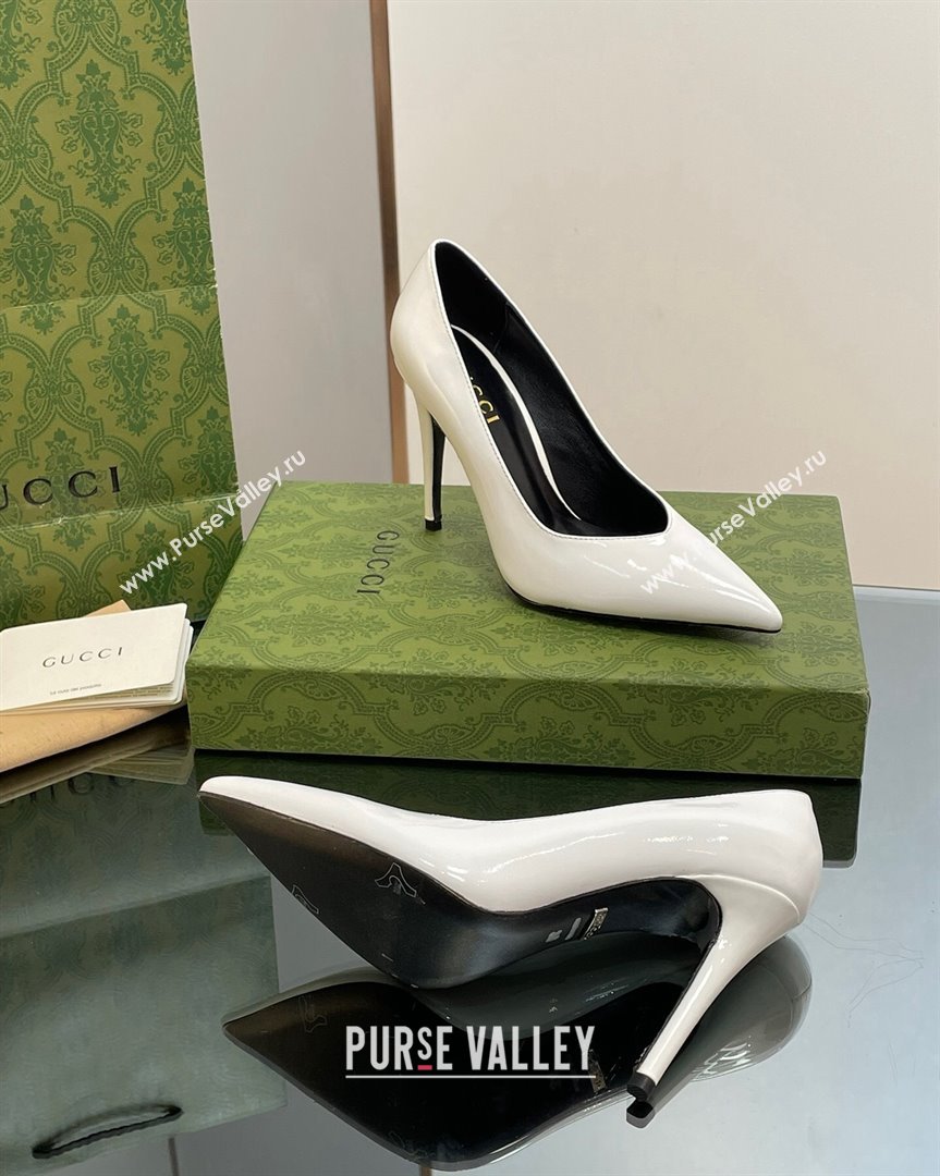 Gucci Patent Leather Pointed High heel Pumps 10.5cm with GG White 2023 738682 (SS-231012006)