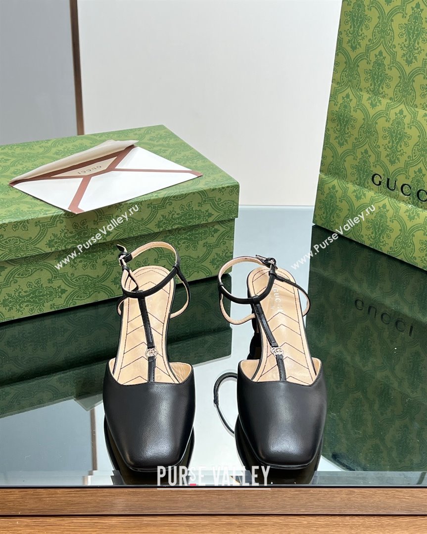 Gucci Leather Petite GG Slingback Pumps 5.5cm with T-Strap Black 2023 723446 (MD-231012049)