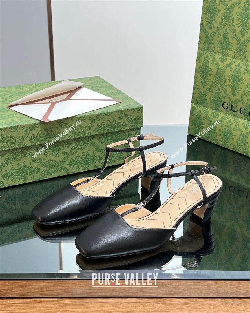 Gucci Leather Petite GG Slingback Pumps 5.5cm with T-Strap Black 2023 723446 (MD-231012049)