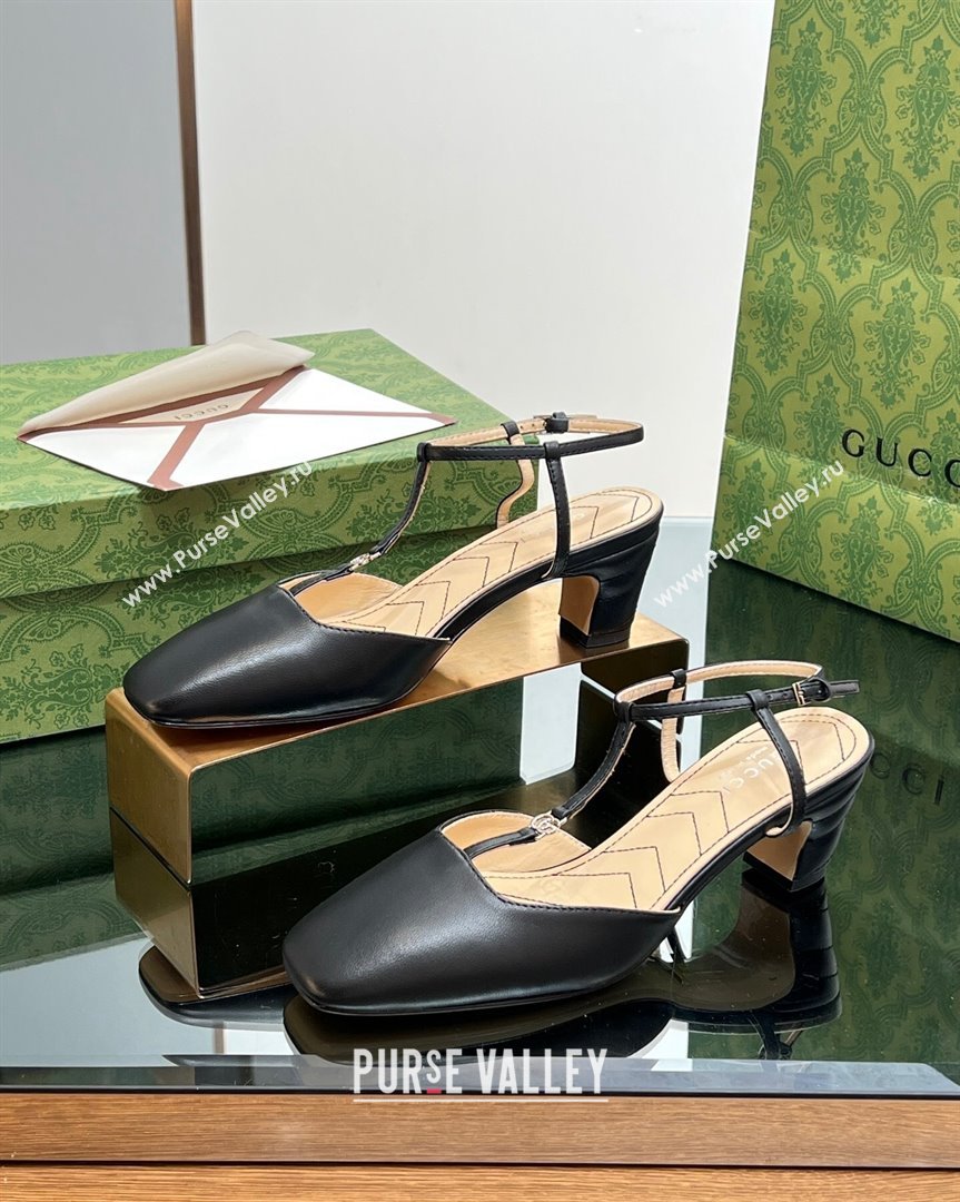 Gucci Leather Petite GG Slingback Pumps 5.5cm with T-Strap Black 2023 723446 (MD-231012049)