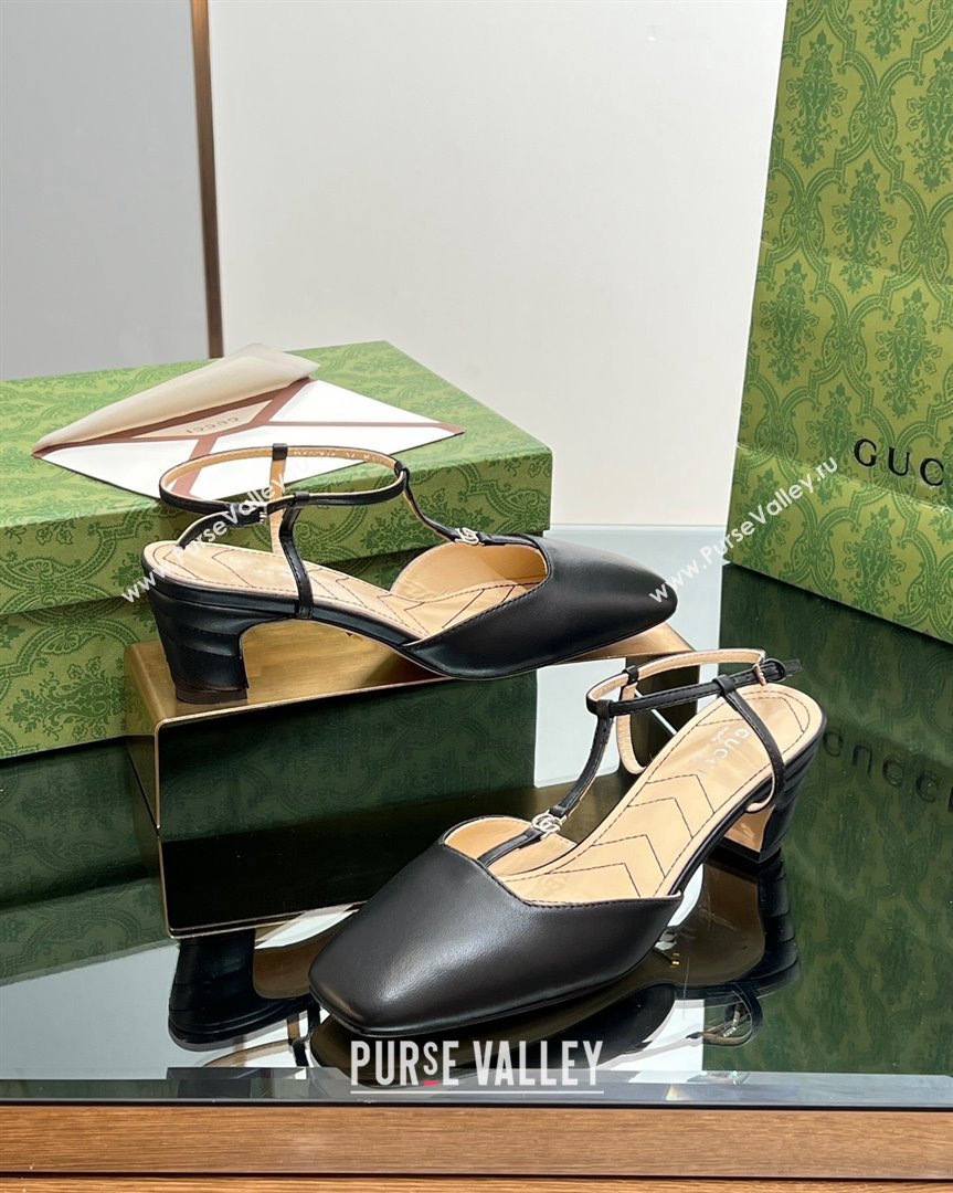 Gucci Leather Petite GG Slingback Pumps 5.5cm with T-Strap Black 2023 723446 (MD-231012049)