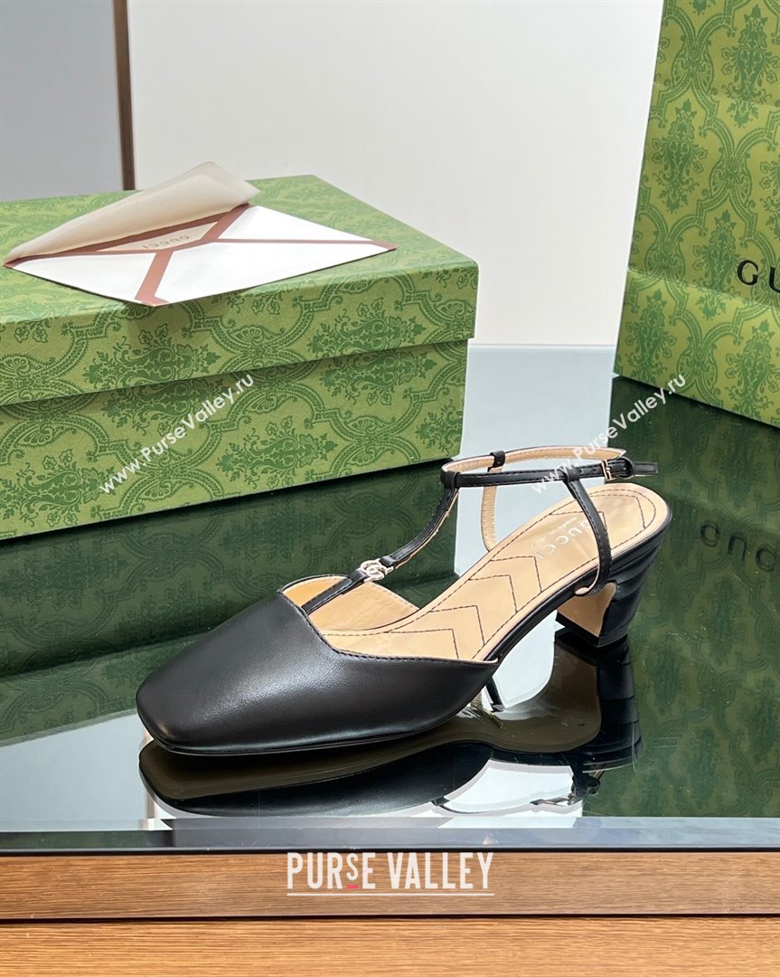 Gucci Leather Petite GG Slingback Pumps 5.5cm with T-Strap Black 2023 723446 (MD-231012049)