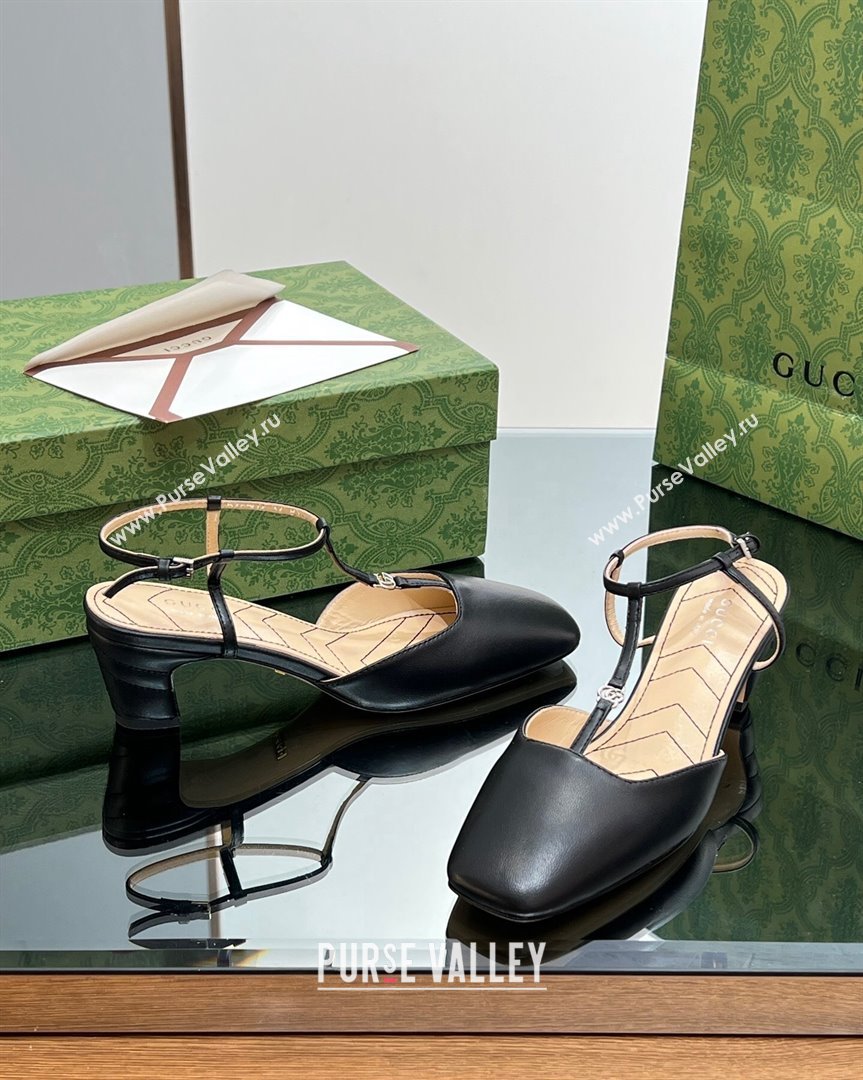 Gucci Leather Petite GG Slingback Pumps 5.5cm with T-Strap Black 2023 723446 (MD-231012049)