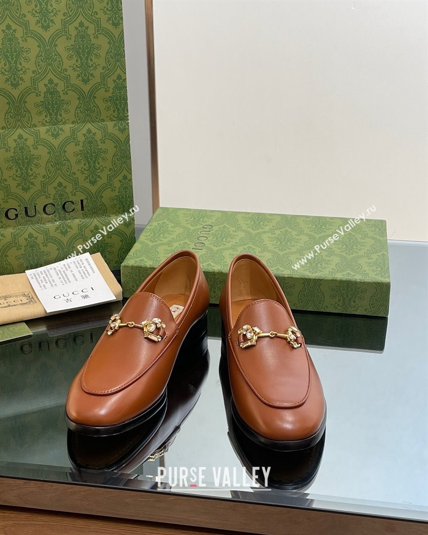 Gucci Jordaan Leather Loafers with Crystals Brown 2023 759918 (MD-231012050)