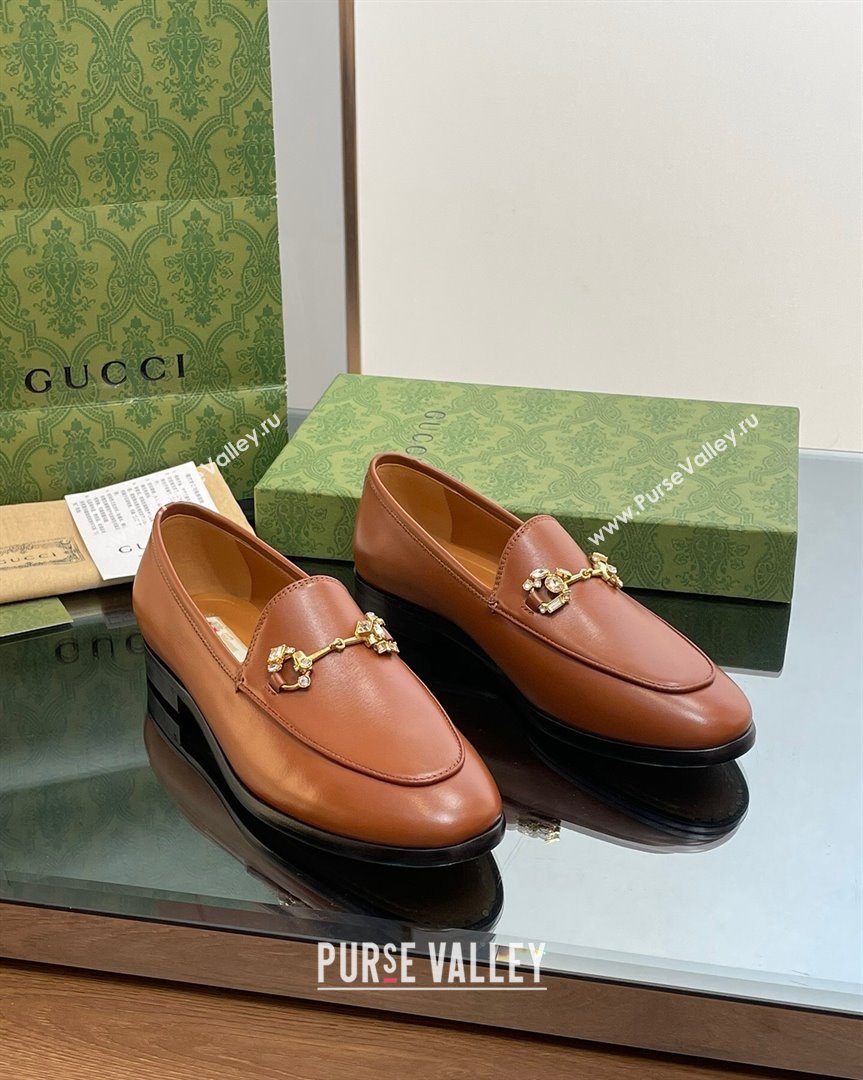 Gucci Jordaan Leather Loafers with Crystals Brown 2023 759918 (MD-231012050)