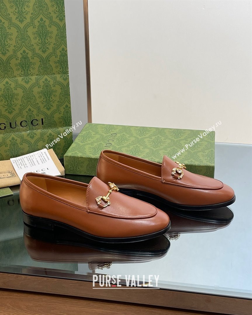 Gucci Jordaan Leather Loafers with Crystals Brown 2023 759918 (MD-231012050)