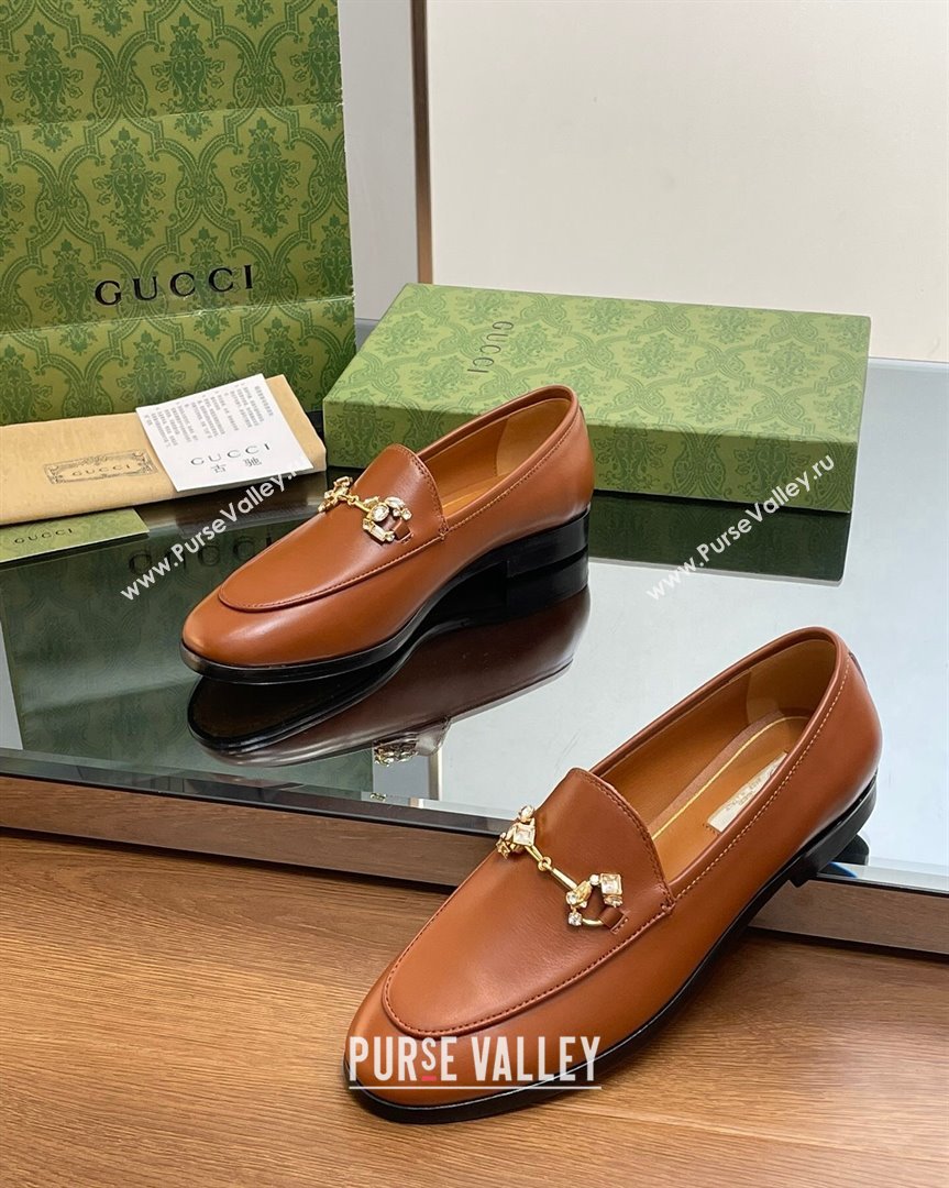 Gucci Jordaan Leather Loafers with Crystals Brown 2023 759918 (MD-231012050)