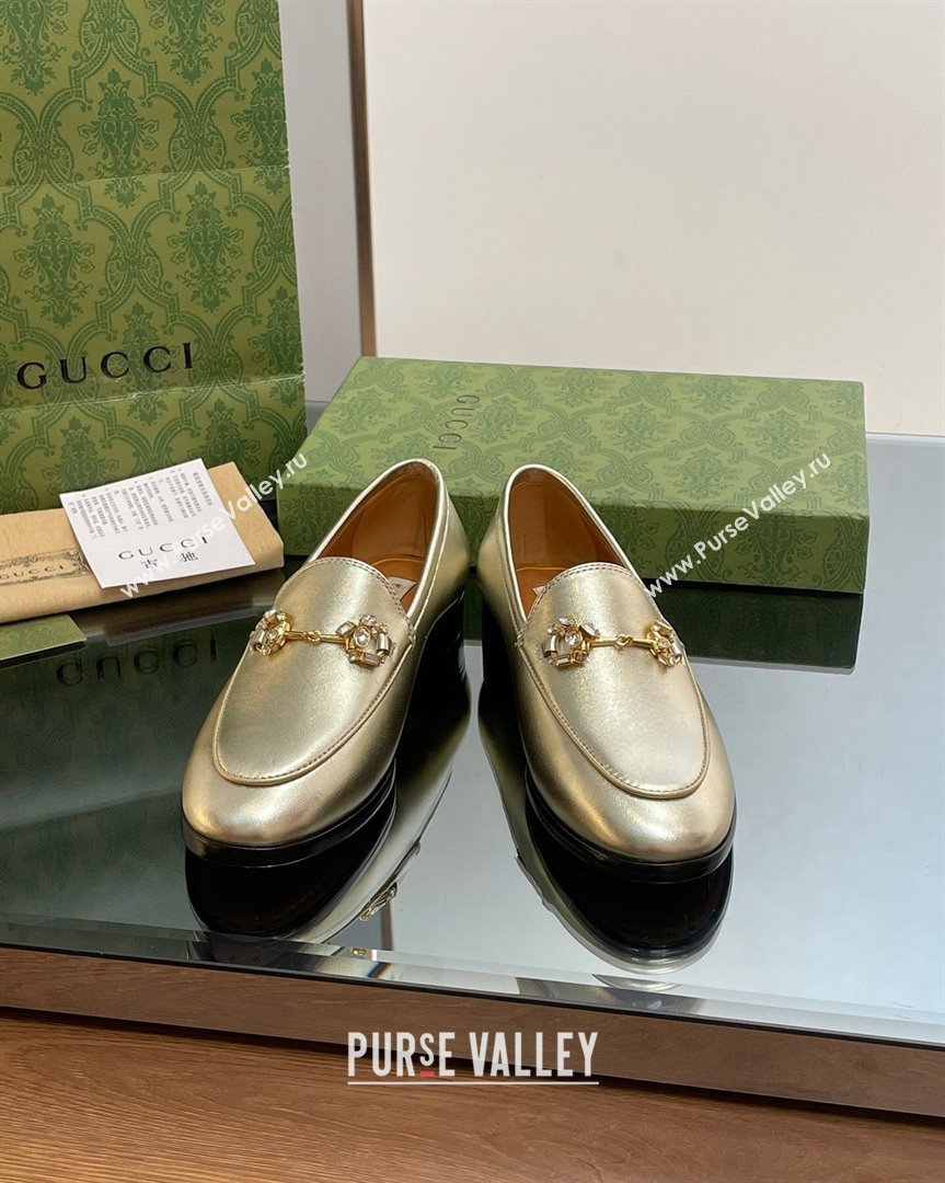 Gucci Jordaan Leather Loafers with Crystals Gold 2023 759918 (MD-231012052)