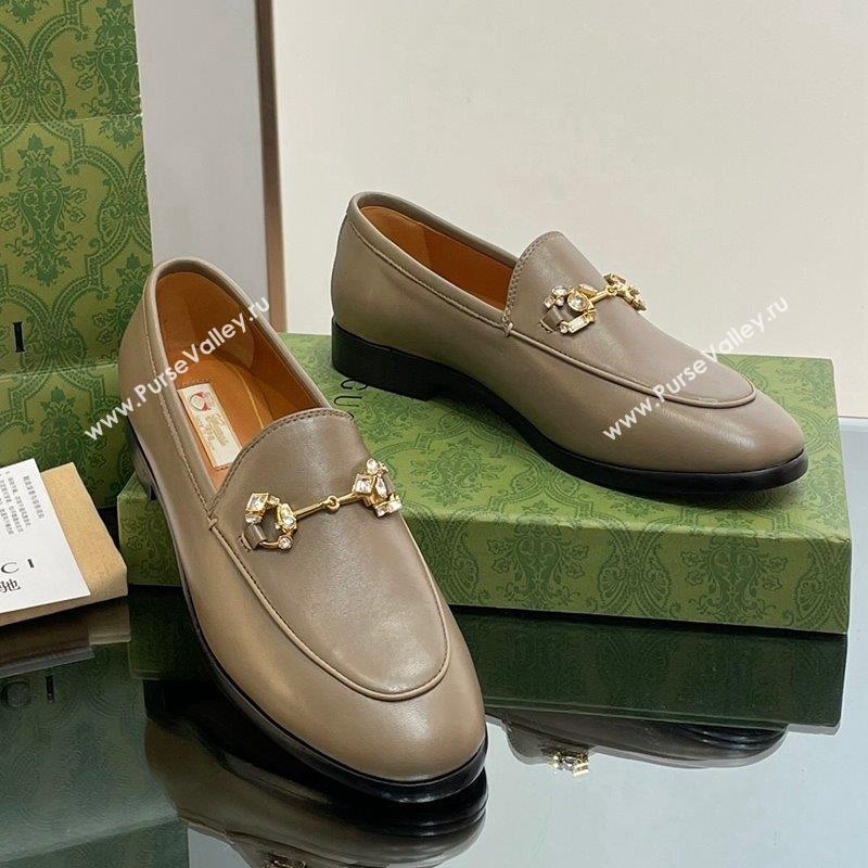 Gucci Jordaan Leather Loafers with Crystals Khaki Green 2023 759918 (MD-231012055)