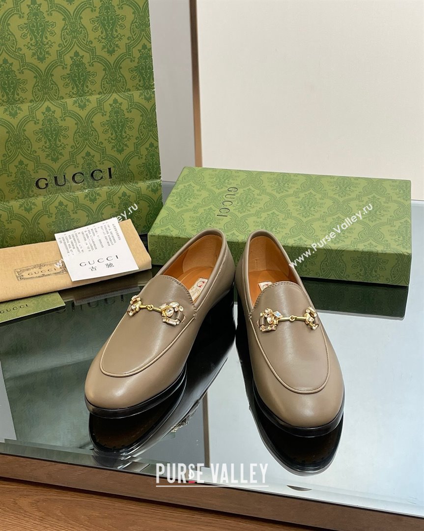 Gucci Jordaan Leather Loafers with Crystals Khaki Green 2023 759918 (MD-231012055)