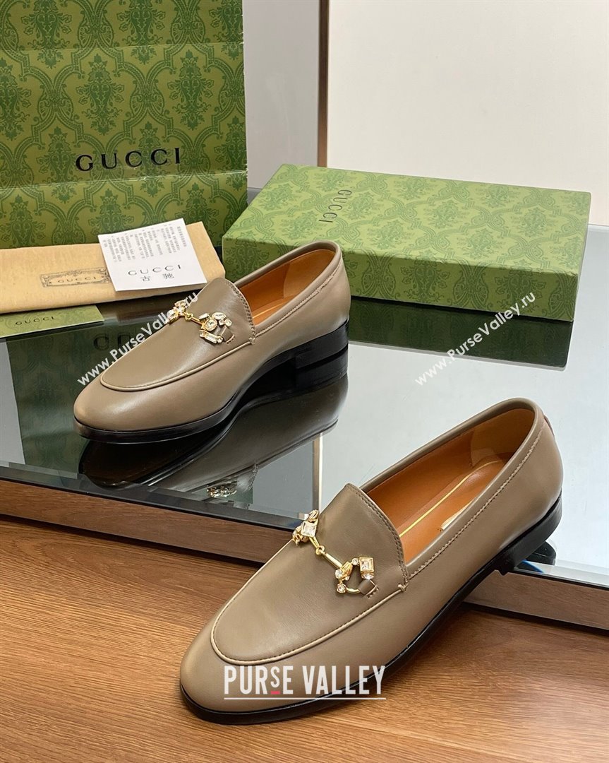 Gucci Jordaan Leather Loafers with Crystals Khaki Green 2023 759918 (MD-231012055)