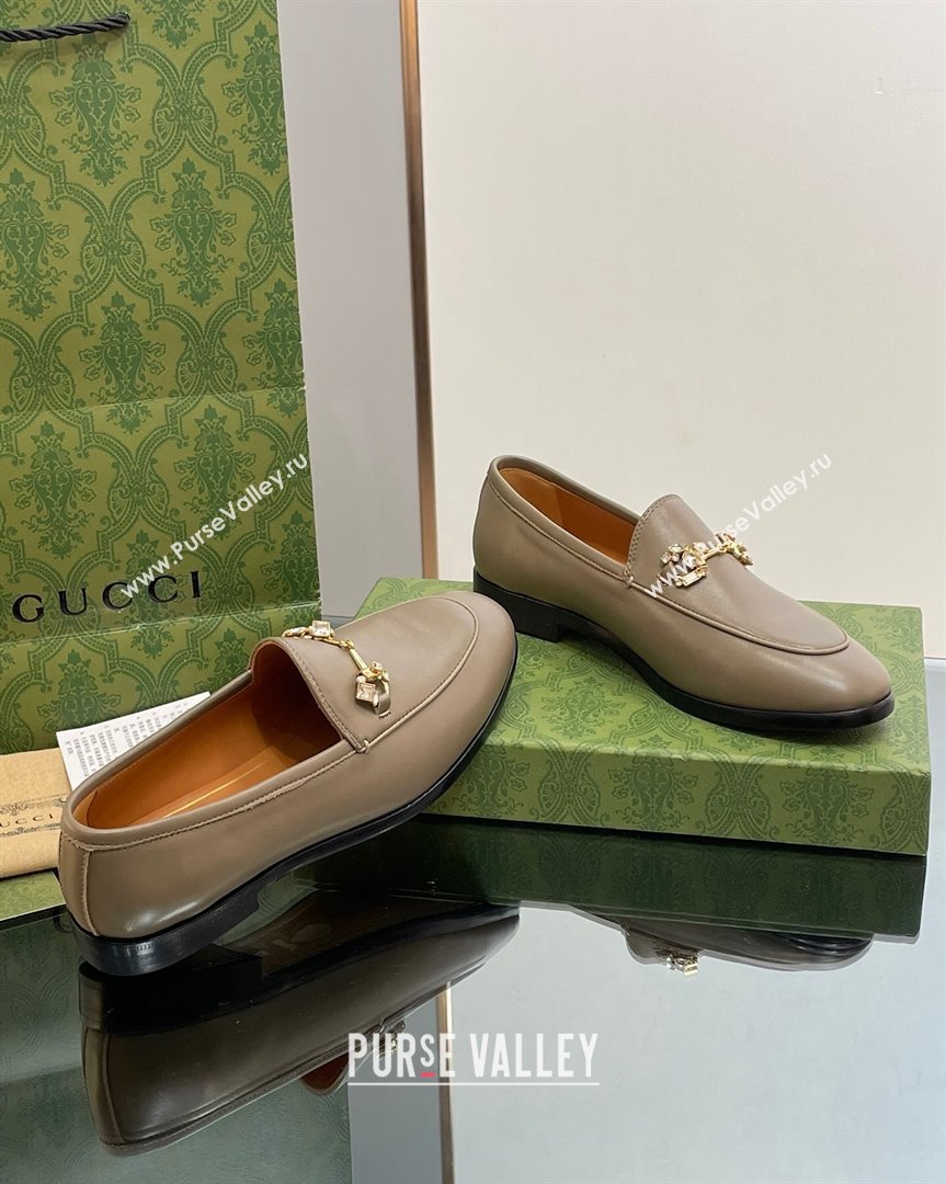 Gucci Jordaan Leather Loafers with Crystals Khaki Green 2023 759918 (MD-231012055)