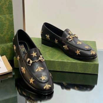 Gucci Jordaan Leather Loafers with Crystal and Bees Black 2023 759918 (MD-231012056)