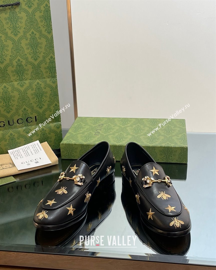 Gucci Jordaan Leather Loafers with Crystal and Bees Black 2023 759918 (MD-231012056)