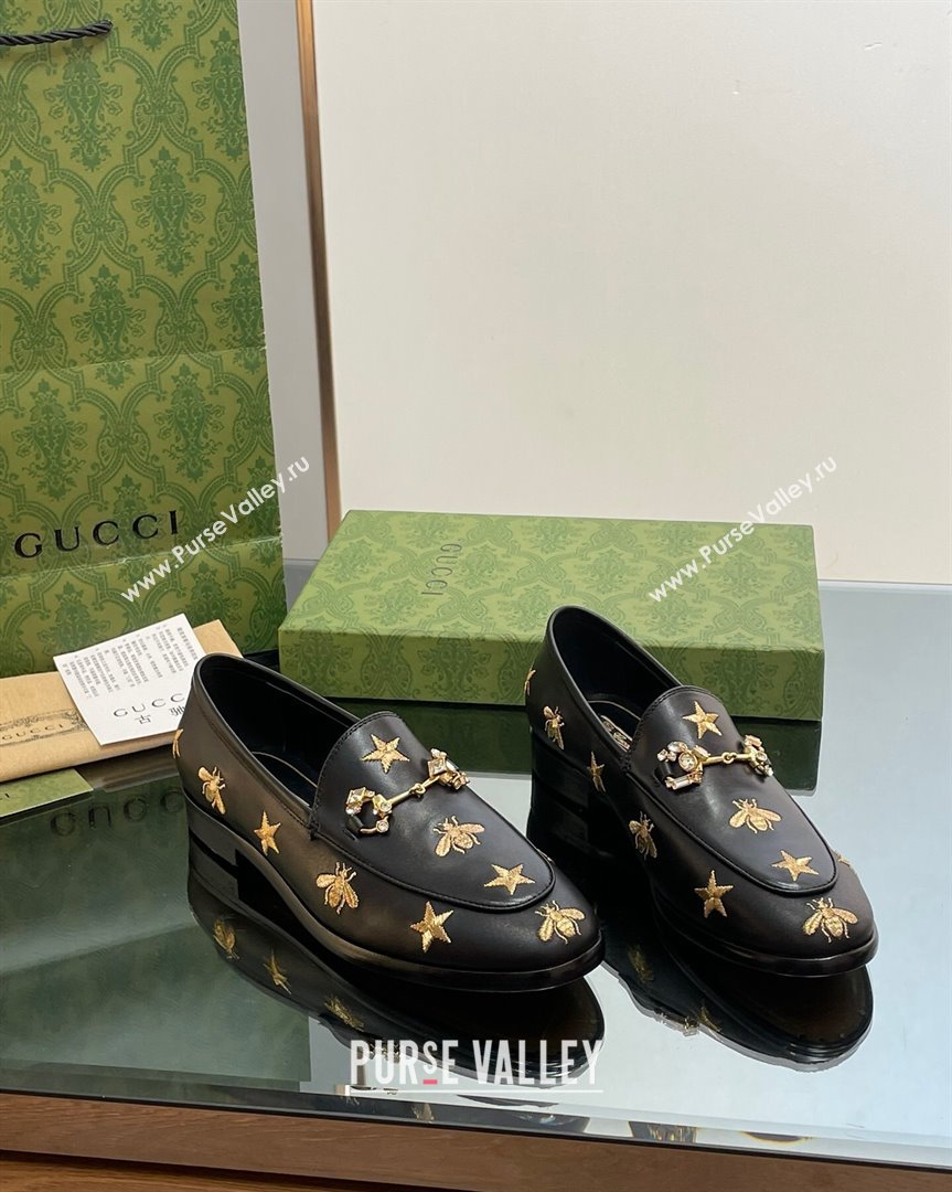 Gucci Jordaan Leather Loafers with Crystal and Bees Black 2023 759918 (MD-231012056)