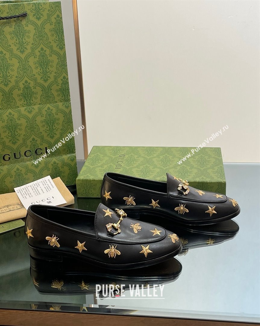 Gucci Jordaan Leather Loafers with Crystal and Bees Black 2023 759918 (MD-231012056)