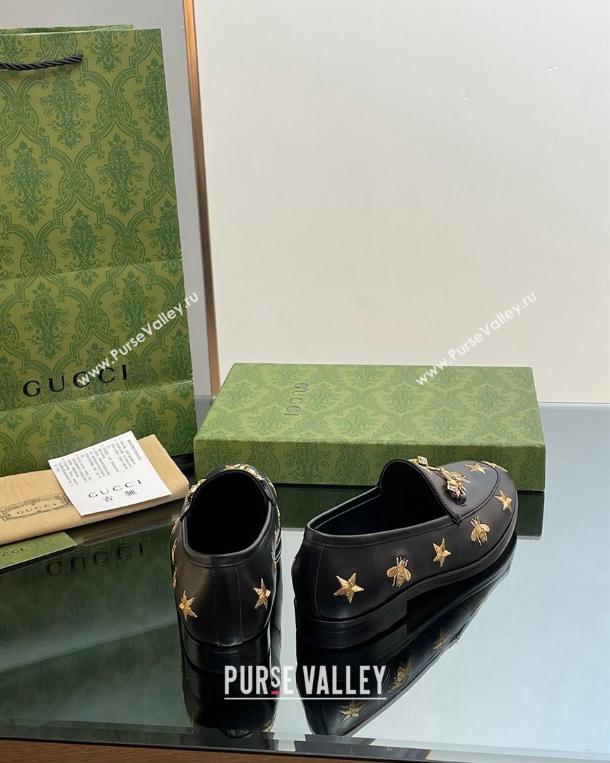 Gucci Jordaan Leather Loafers with Crystal and Bees Black 2023 759918 (MD-231012056)