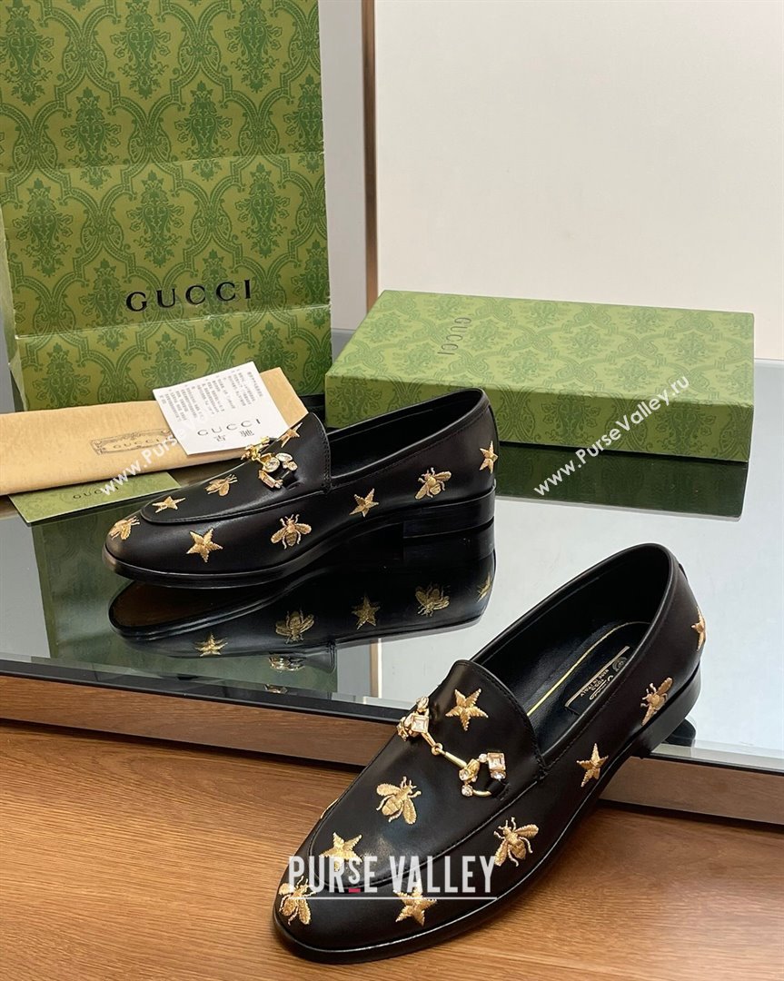 Gucci Jordaan Leather Loafers with Crystal and Bees Black 2023 759918 (MD-231012056)