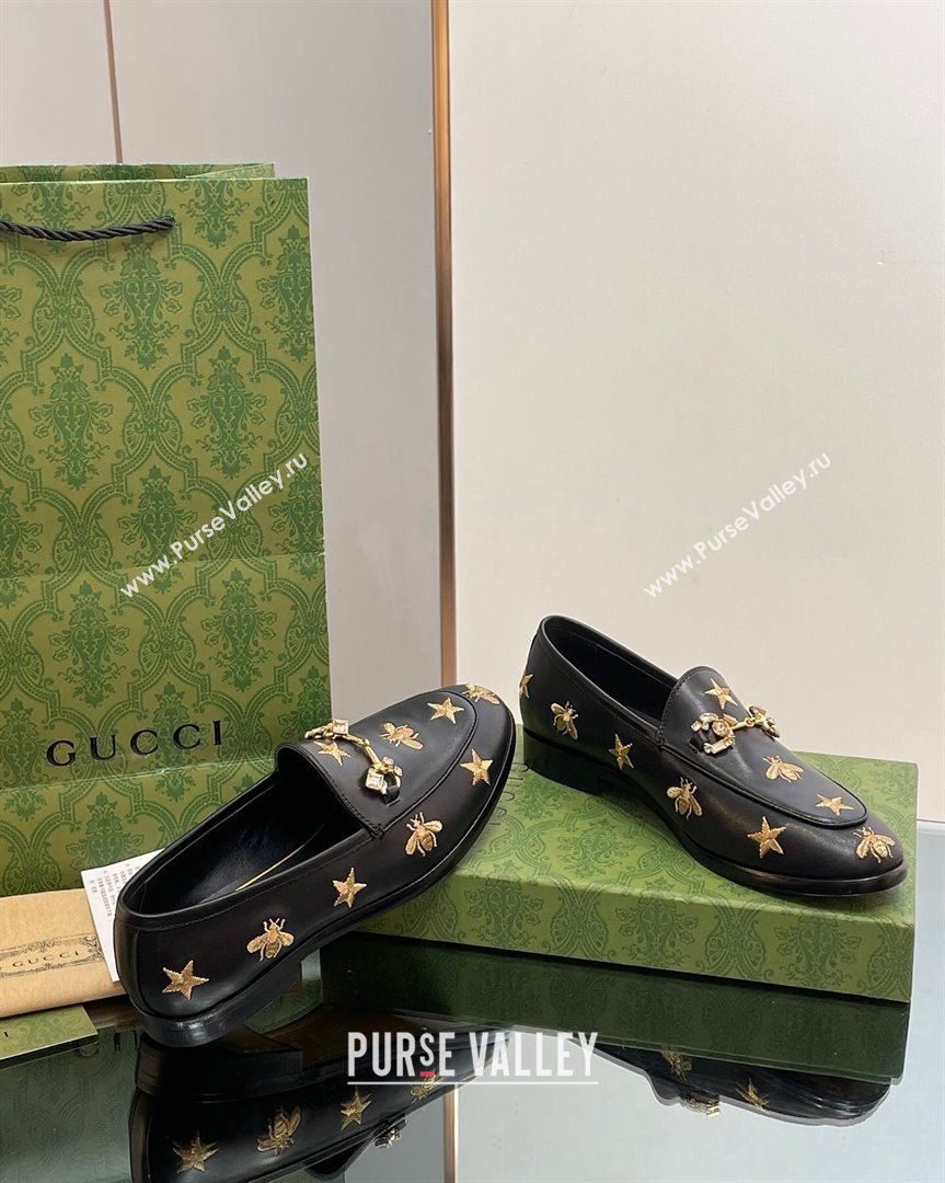 Gucci Jordaan Leather Loafers with Crystal and Bees Black 2023 759918 (MD-231012056)