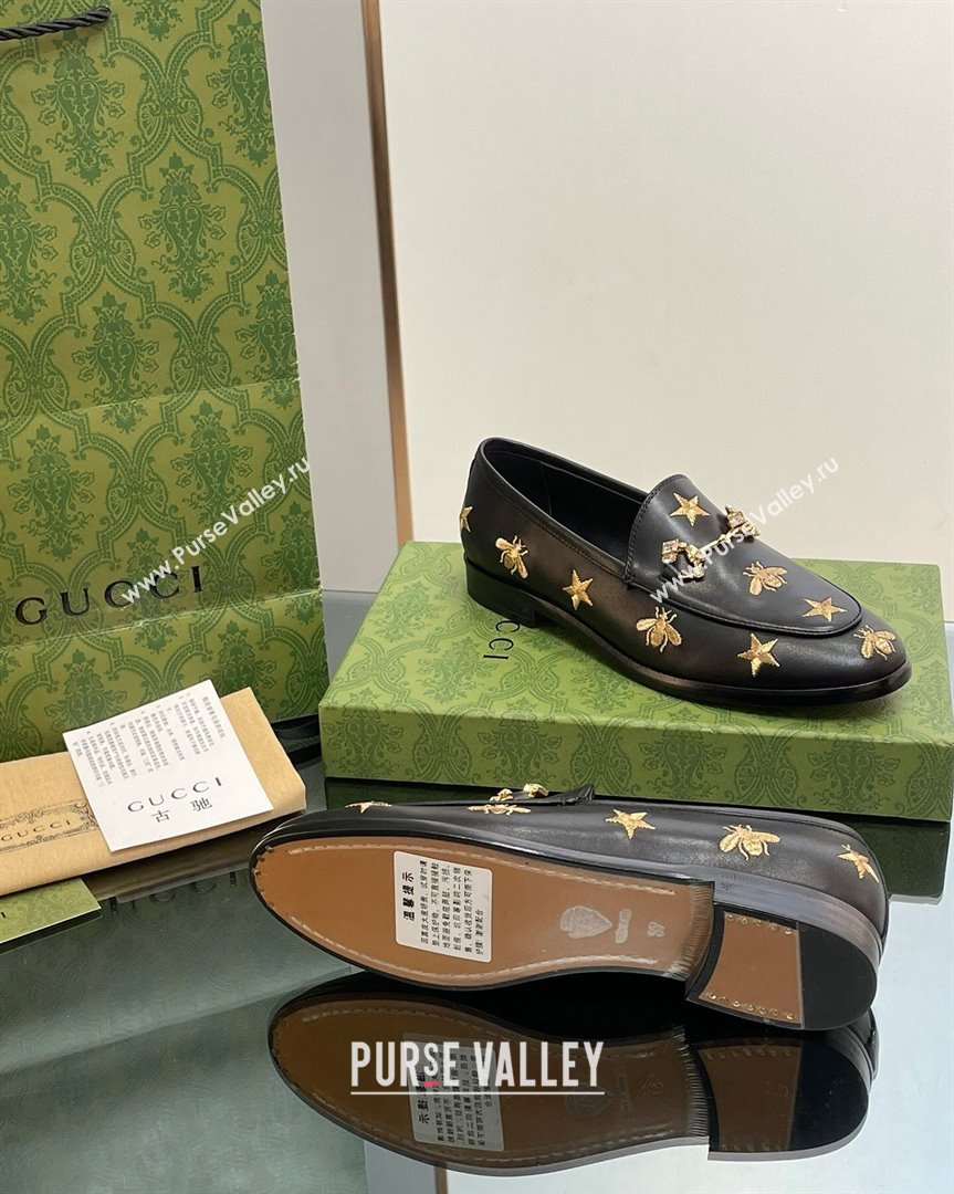 Gucci Jordaan Leather Loafers with Crystal and Bees Black 2023 759918 (MD-231012056)