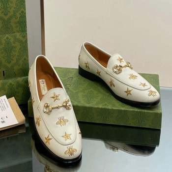 Gucci Jordaan Leather Loafers with Crystal and Bees White 2023 759918 (MD-231012057)