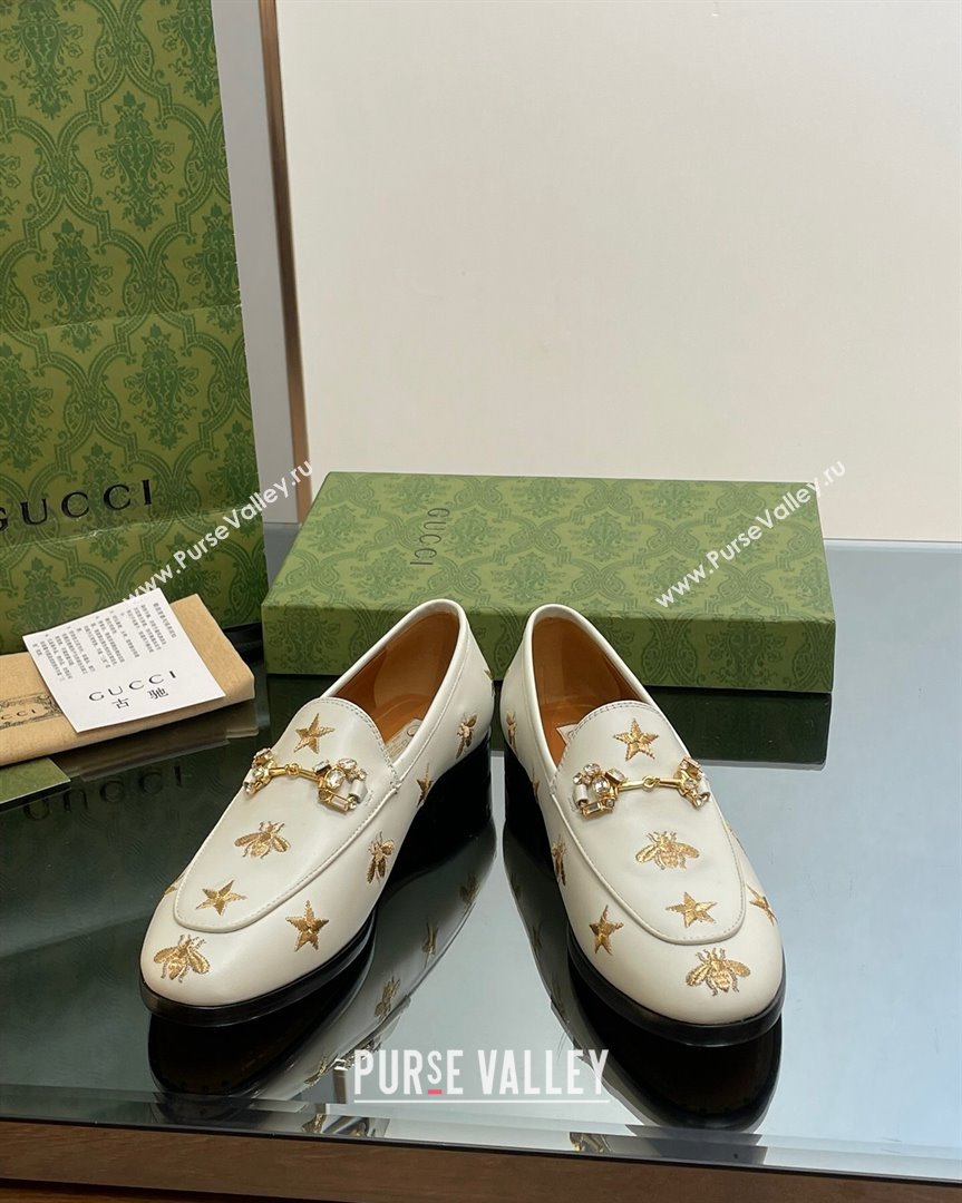 Gucci Jordaan Leather Loafers with Crystal and Bees White 2023 759918 (MD-231012057)