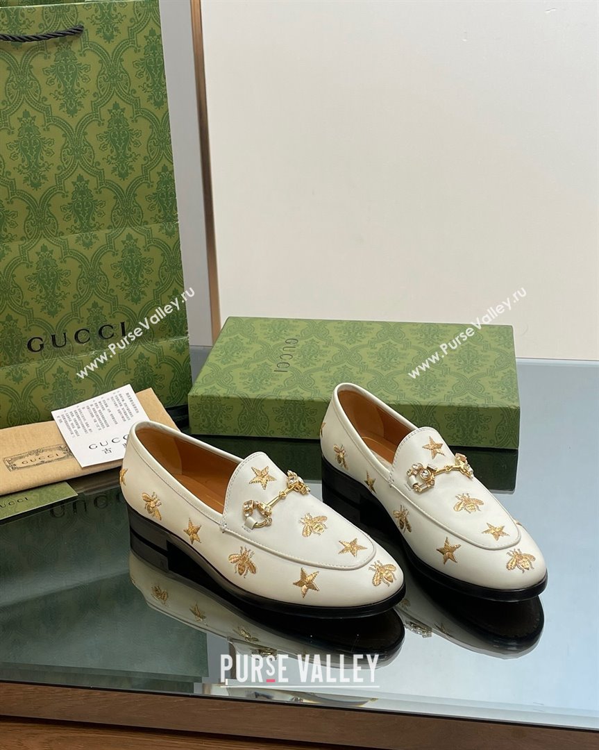 Gucci Jordaan Leather Loafers with Crystal and Bees White 2023 759918 (MD-231012057)