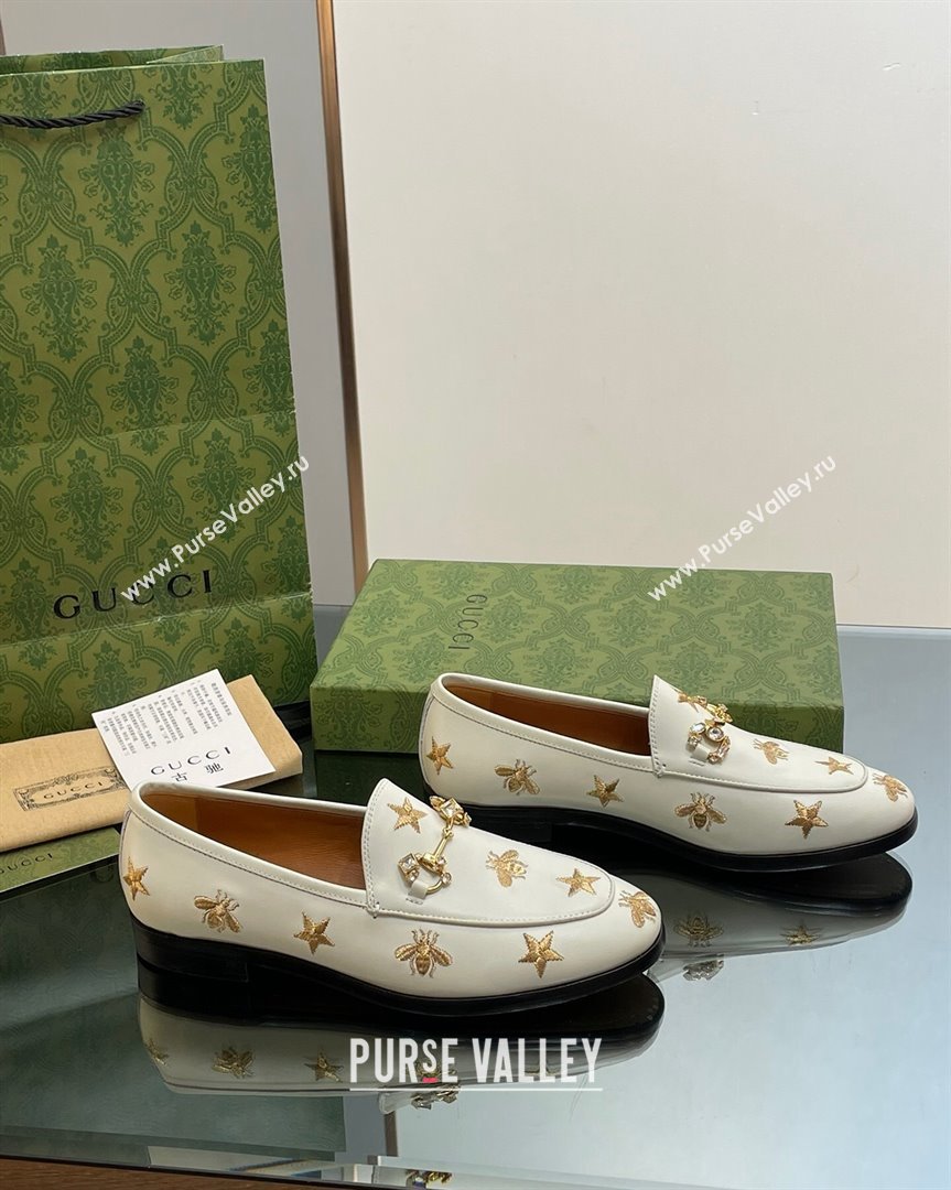 Gucci Jordaan Leather Loafers with Crystal and Bees White 2023 759918 (MD-231012057)