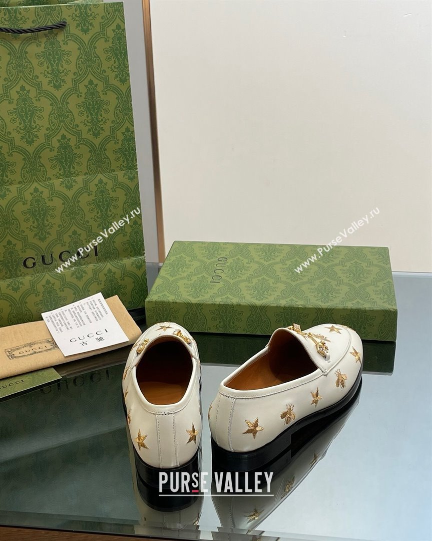 Gucci Jordaan Leather Loafers with Crystal and Bees White 2023 759918 (MD-231012057)